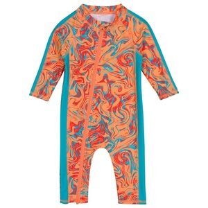 Swimzip Long Sleeve Romper Suit Swirl Orange And Blue UPF Sunsuit